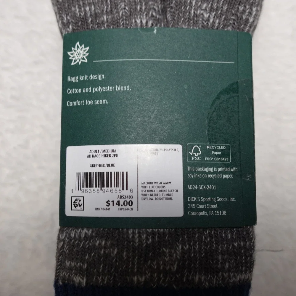 APCK OF 2 Alpine Design Ragg Hiker Socks Adult Medium Multicolor Crew Cut NEW